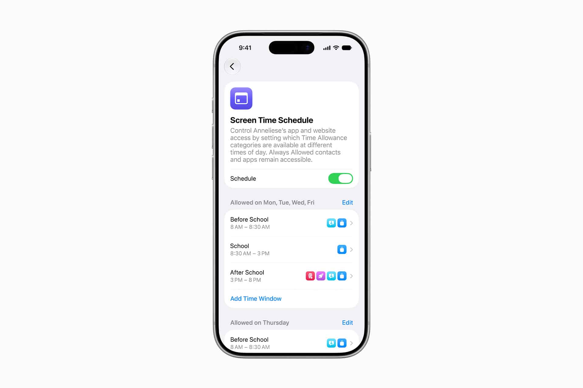 A smartphone displays an Apple parental controls Screen Time Schedule, showing app and website access settings with time windows for "Before School" and "After School," plus options to edit or add time windows.