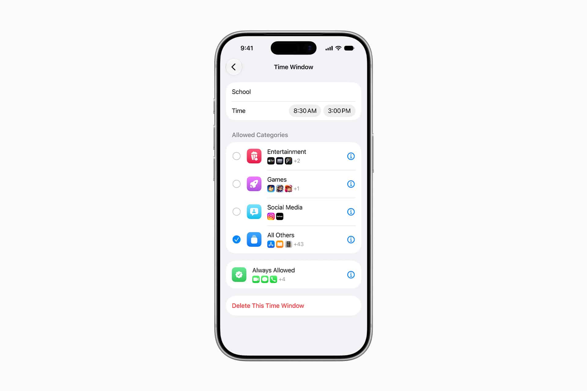 iOS 27 parental controls - An iPhone screen displays an Apple parental controls "Time Window" settings page, showing app usage limits for categories like Entertainment, Games, Social Media, and Always Allowed, with options to edit or delete the time window.