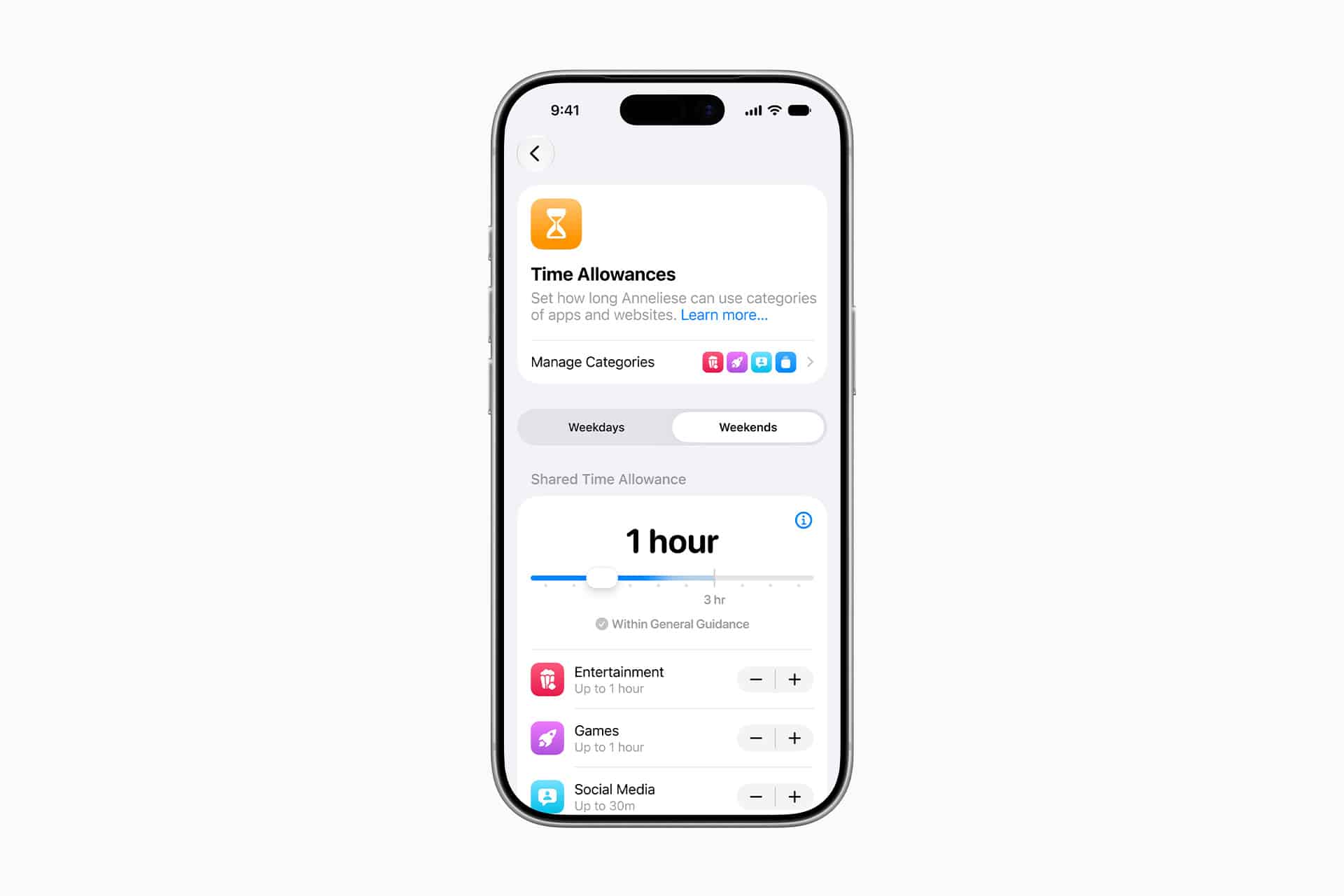 A smartphone screen displays an Apple parental controls "Time Allowances" page, showing options to manage app categories and set daily time limits for Entertainment, Games, and Social Media, each set to up to 1 hour.