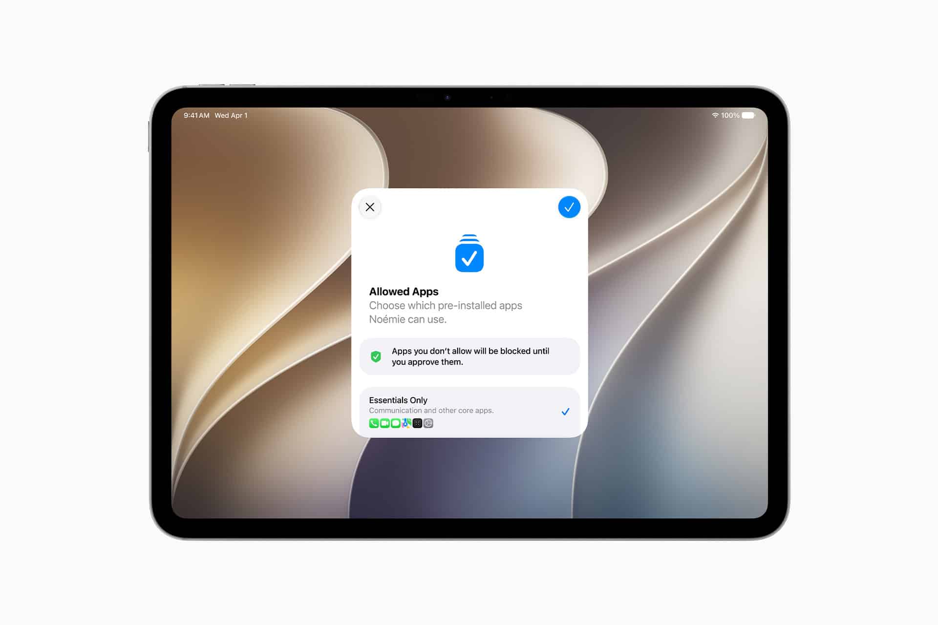 A tablet displays a screen with a pop-up titled "Allowed Apps," showing options to choose pre-installed apps that can be used, with "Essentials Only" selected—illustrating Apple parental controls in action and app icons shown below.