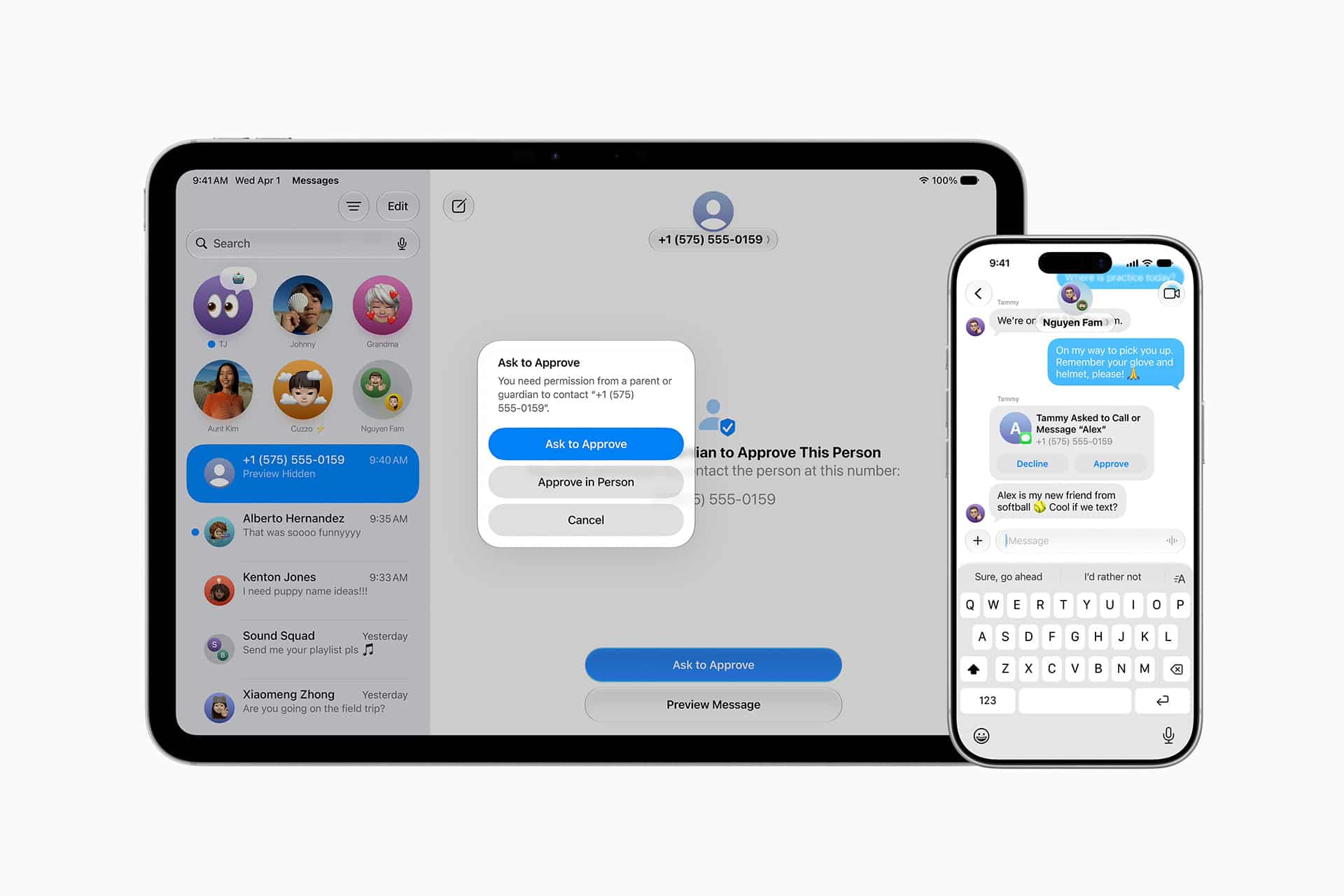 A tablet and smartphone display a messaging app. The tablet shows a pop-up asking to approve a contact—an example of Apple parental controls in action. The phone screen shows a chat conversation with options to approve or decline the request.