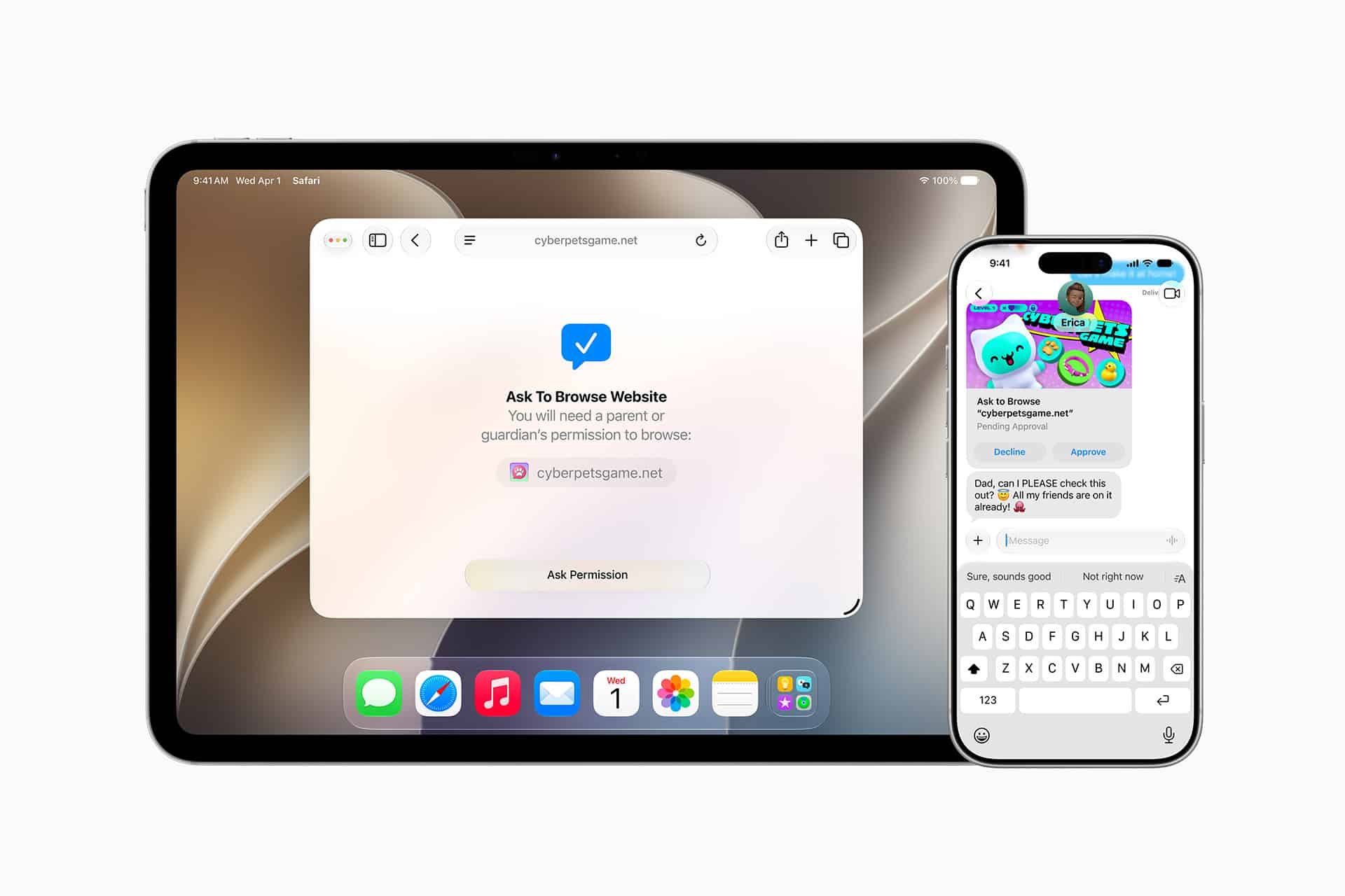A tablet displays a browser screen asking for parental permission to access a website, while a smartphone next to it shows a message conversation about granting access using Apple parental controls.