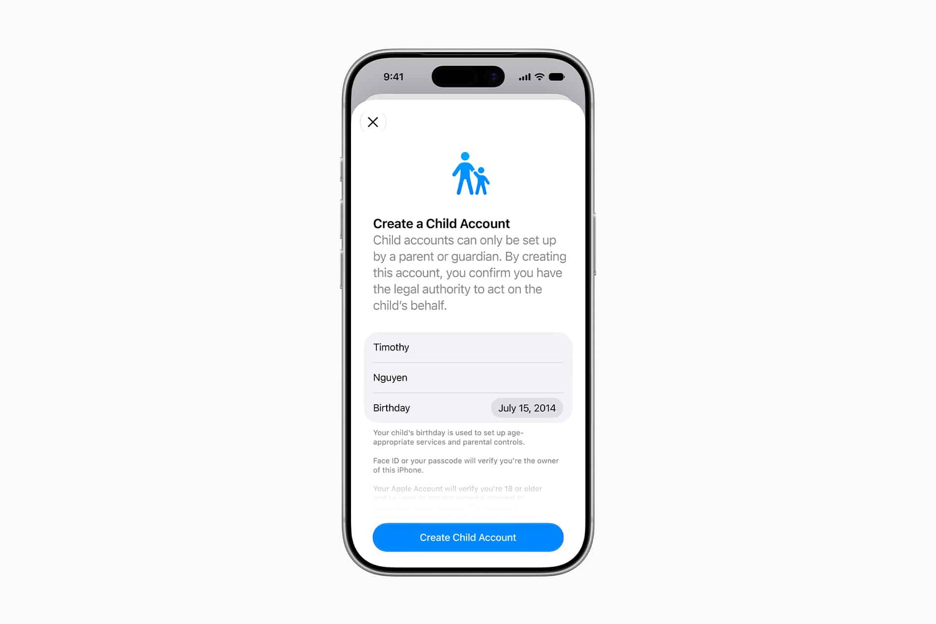 A smartphone screen displays a form to create a child account, showing fields for first name, last name, and birthday, with a blue "Create Child Account" button—ideal for setting up Apple parental controls.