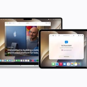 A MacBook, iPad, and iPhone display various Apple apps and settings, including Apple parental controls and a website on child safety, against a neutral background.