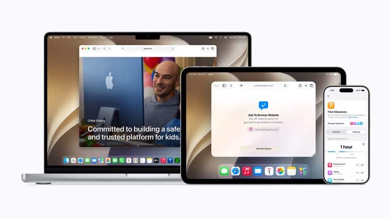 A MacBook, iPad, and iPhone display various Apple apps and settings, including Apple parental controls and a website on child safety, against a neutral background.