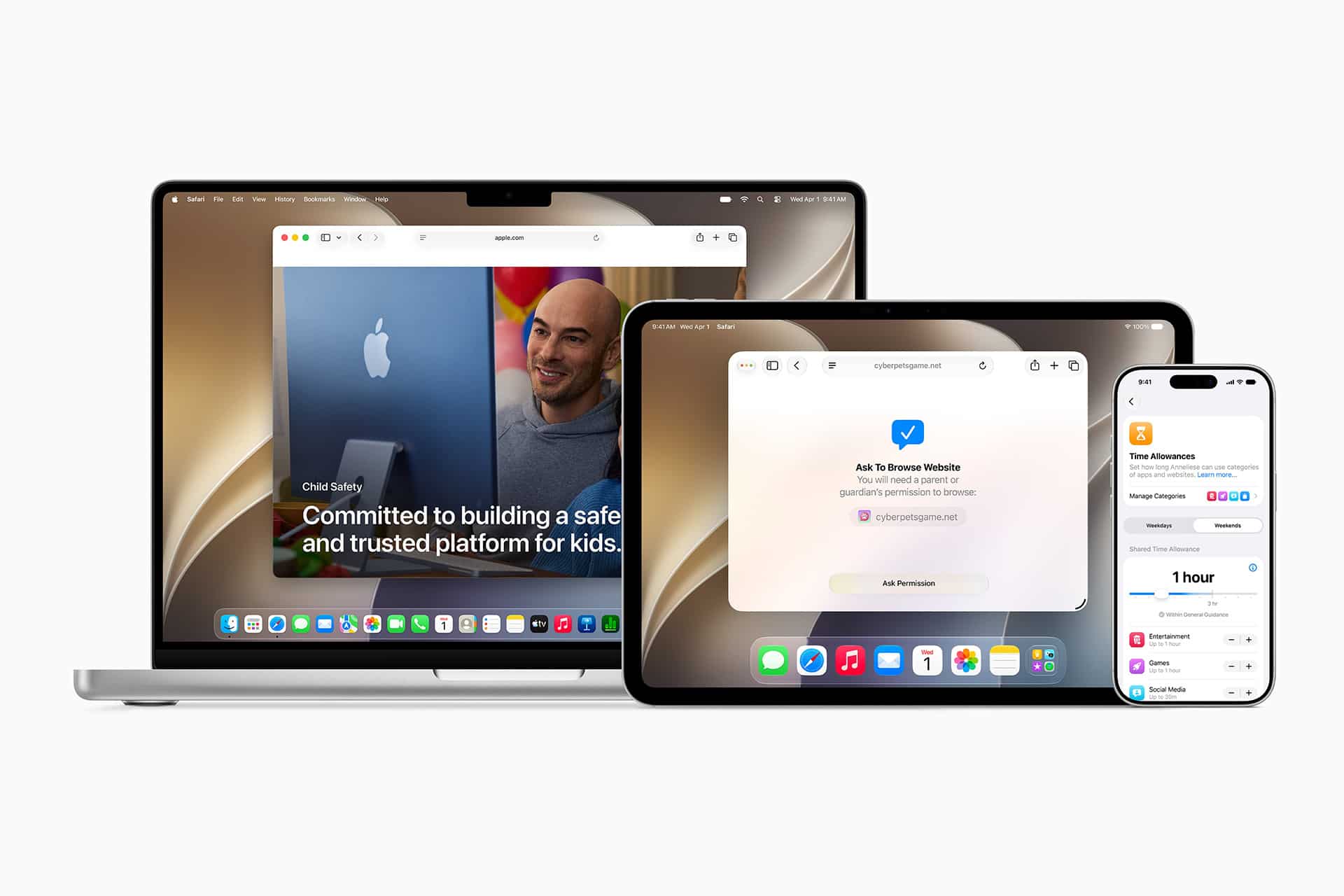 A MacBook, iPad, and iPhone display various Apple apps and settings, including Apple parental controls and a website on child safety, against a neutral background.
