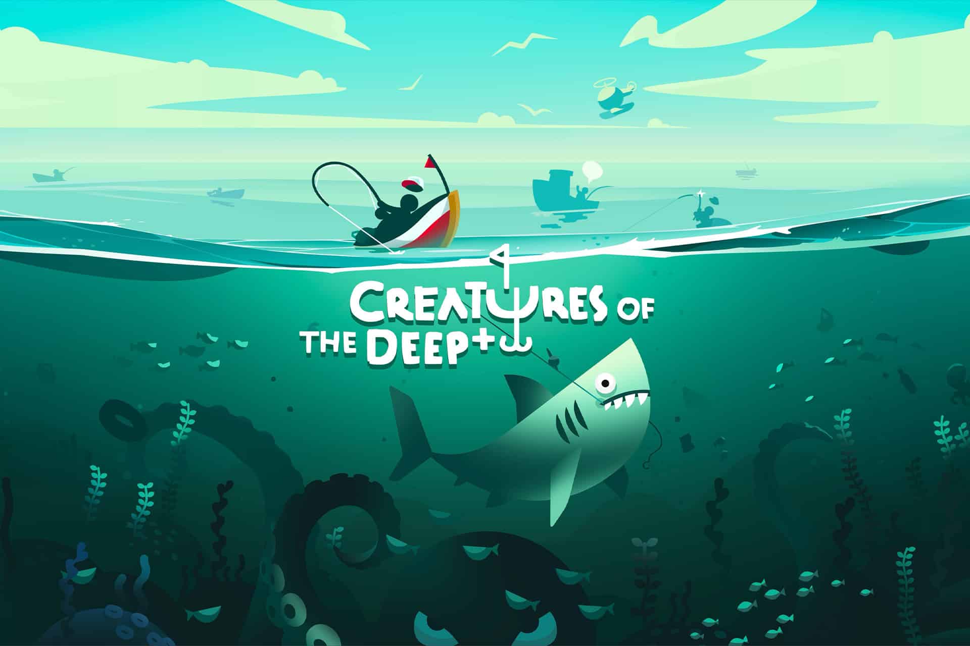 A person fishes from a small boat on the ocean surface, while underwater, a large shark and various sea creatures swim among plants. The text “Creatures of the Deep+” is centered in this Apple Arcade adventure.