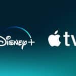 Disney and Apple TV logos side by side on a blue-green gradient background, highlighting the partnership of Disney and Apple streaming platforms.