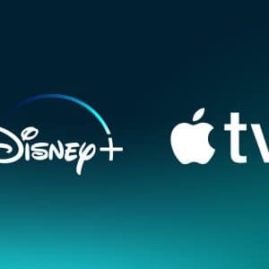 Disney and Apple TV logos side by side on a blue-green gradient background, highlighting the partnership of Disney and Apple streaming platforms.
