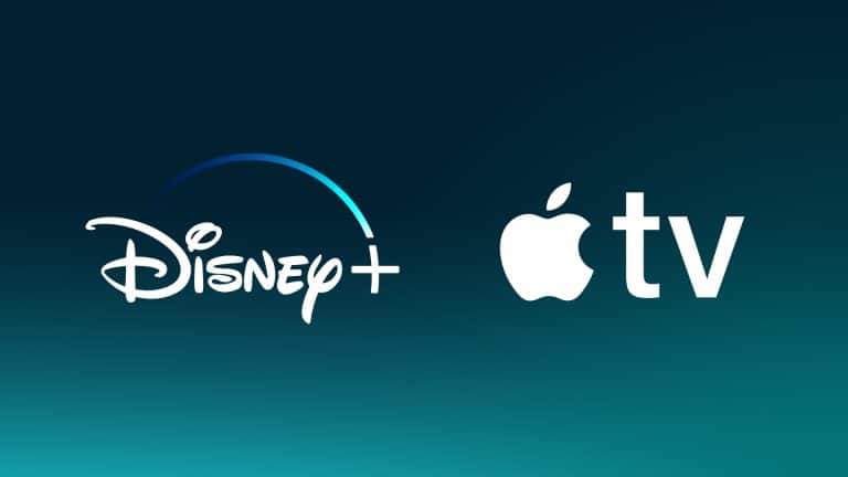 Disney and Apple TV logos side by side on a blue-green gradient background, highlighting the partnership of Disney and Apple streaming platforms.