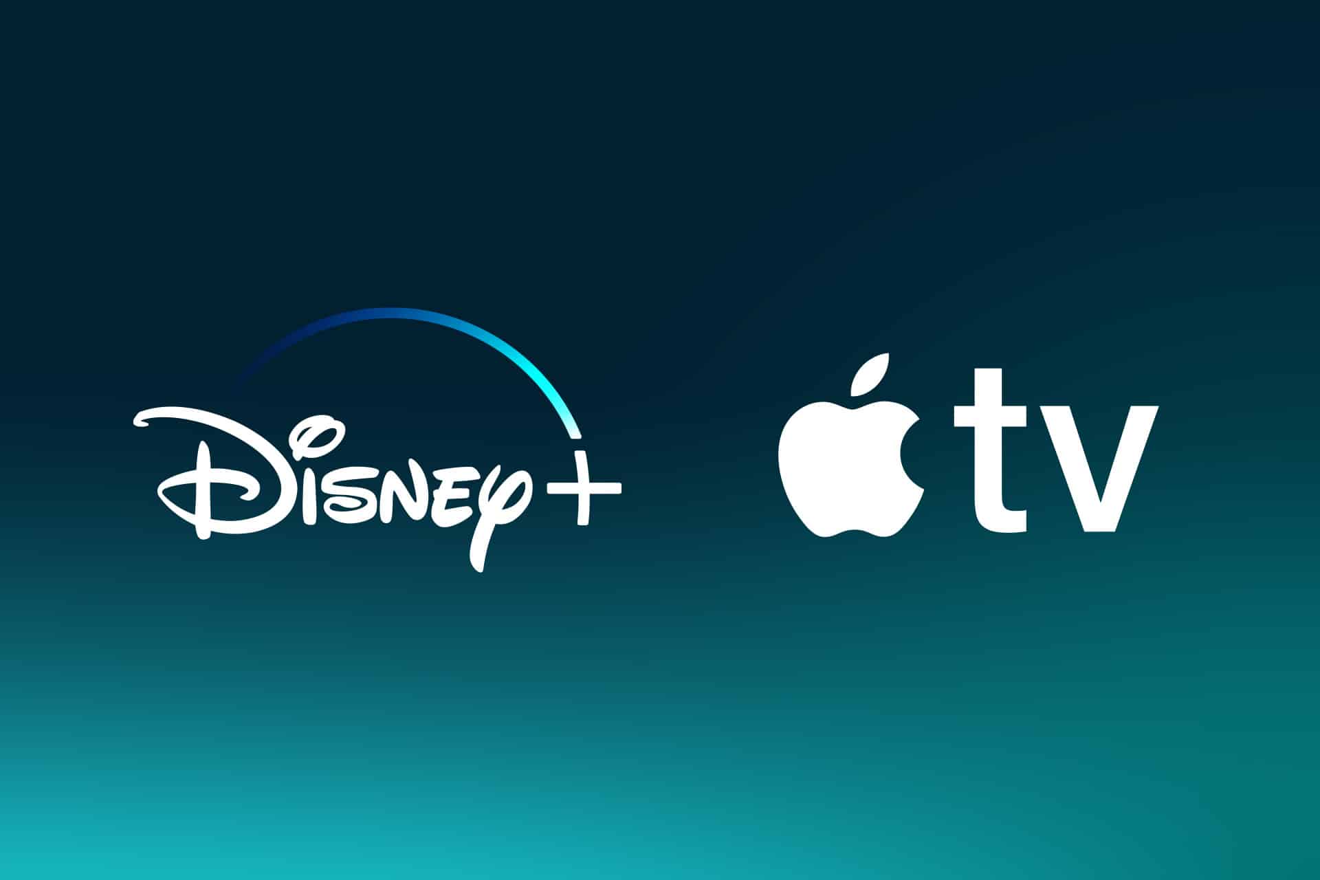 Disney and Apple TV logos side by side on a blue-green gradient background, highlighting the partnership of Disney and Apple streaming platforms.