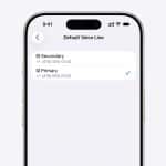 A smartphone screen displays the "Default Voice Line" settings page for iPhone eSIM, with two options: Secondary (work line) and Primary, each showing different phone numbers, and Primary is currently selected.