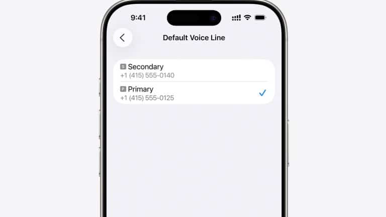 A smartphone screen displays the "Default Voice Line" settings page for iPhone eSIM, with two options: Secondary (work line) and Primary, each showing different phone numbers, and Primary is currently selected.