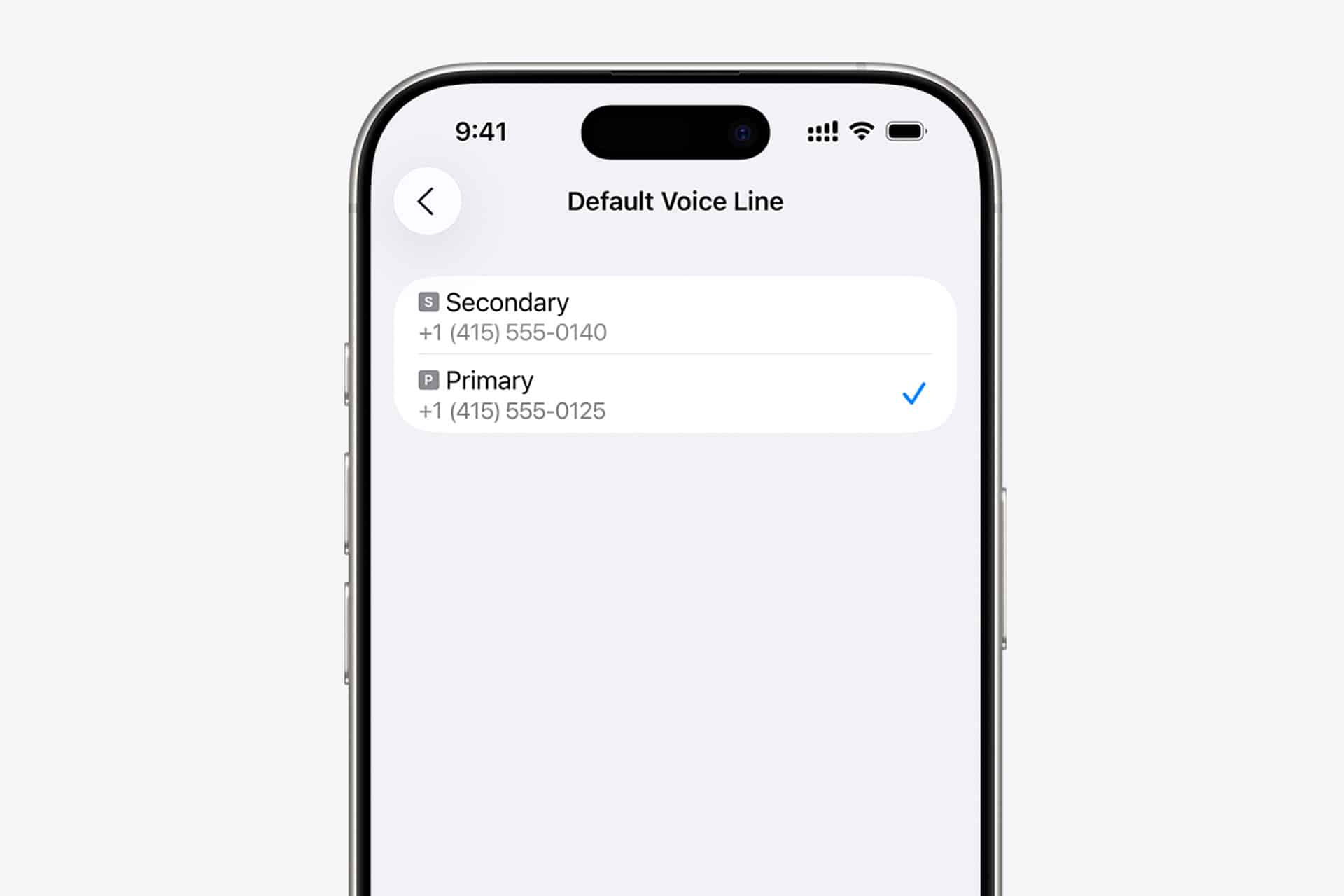 A smartphone screen displays the "Default Voice Line" settings page for iPhone eSIM, with two options: Secondary (work line) and Primary, each showing different phone numbers, and Primary is currently selected.