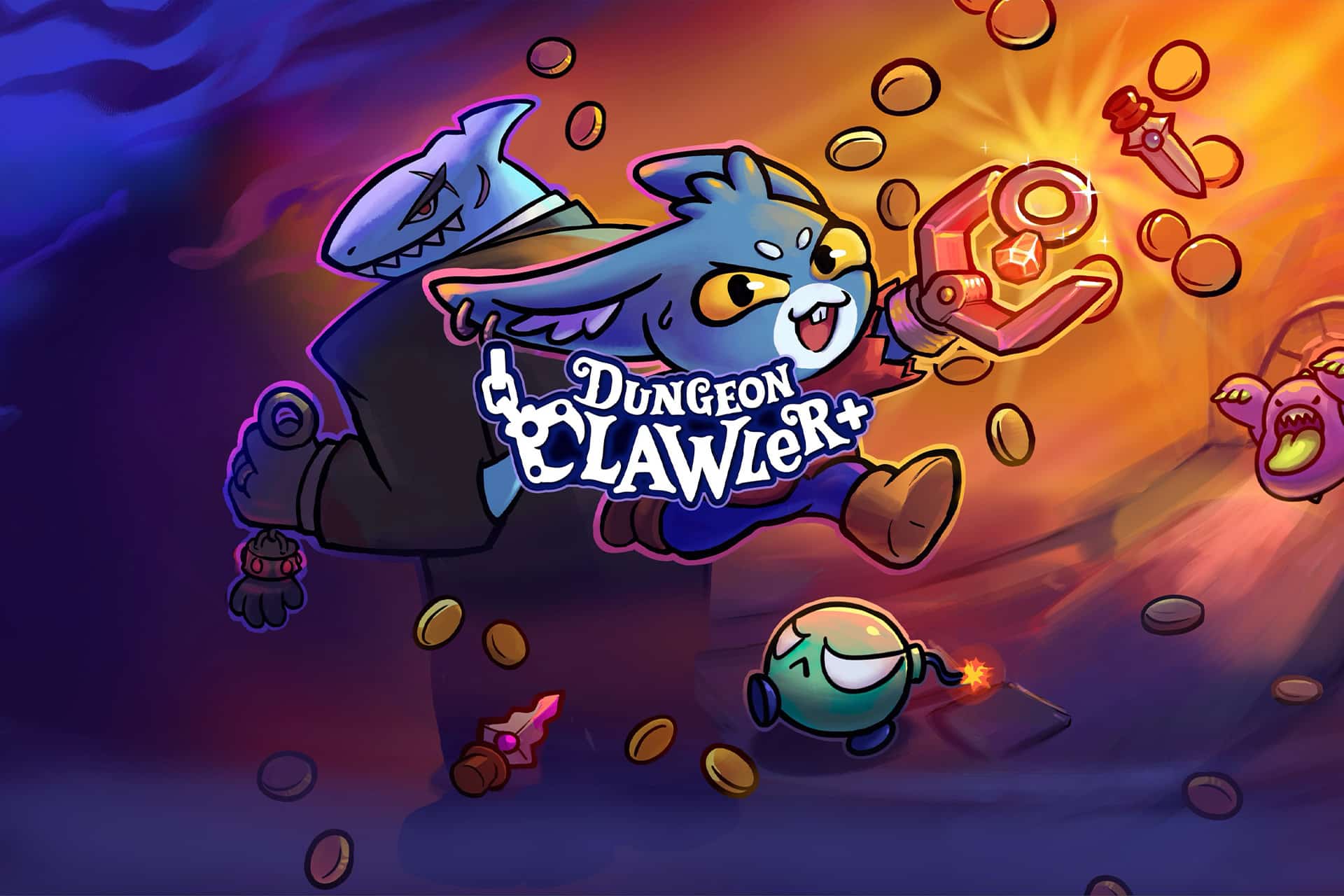 A blue rabbit-like character with a shark hoodie and robotic arm jumps while grabbing coins and a potion, with "Dungeon Crawler" text over it—an action-packed scene perfect for Apple Arcade. Other cartoon creatures scatter amid dungeon shadows and glowing light.