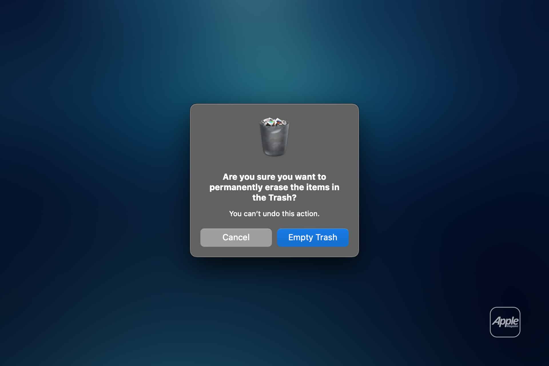 Mac system data - A computer dialog box for Mac cleanup asks, "Are you sure you want to permanently erase the items in the Trash?" with "Cancel" and "Empty Trash" buttons, shown over a blue gradient background.