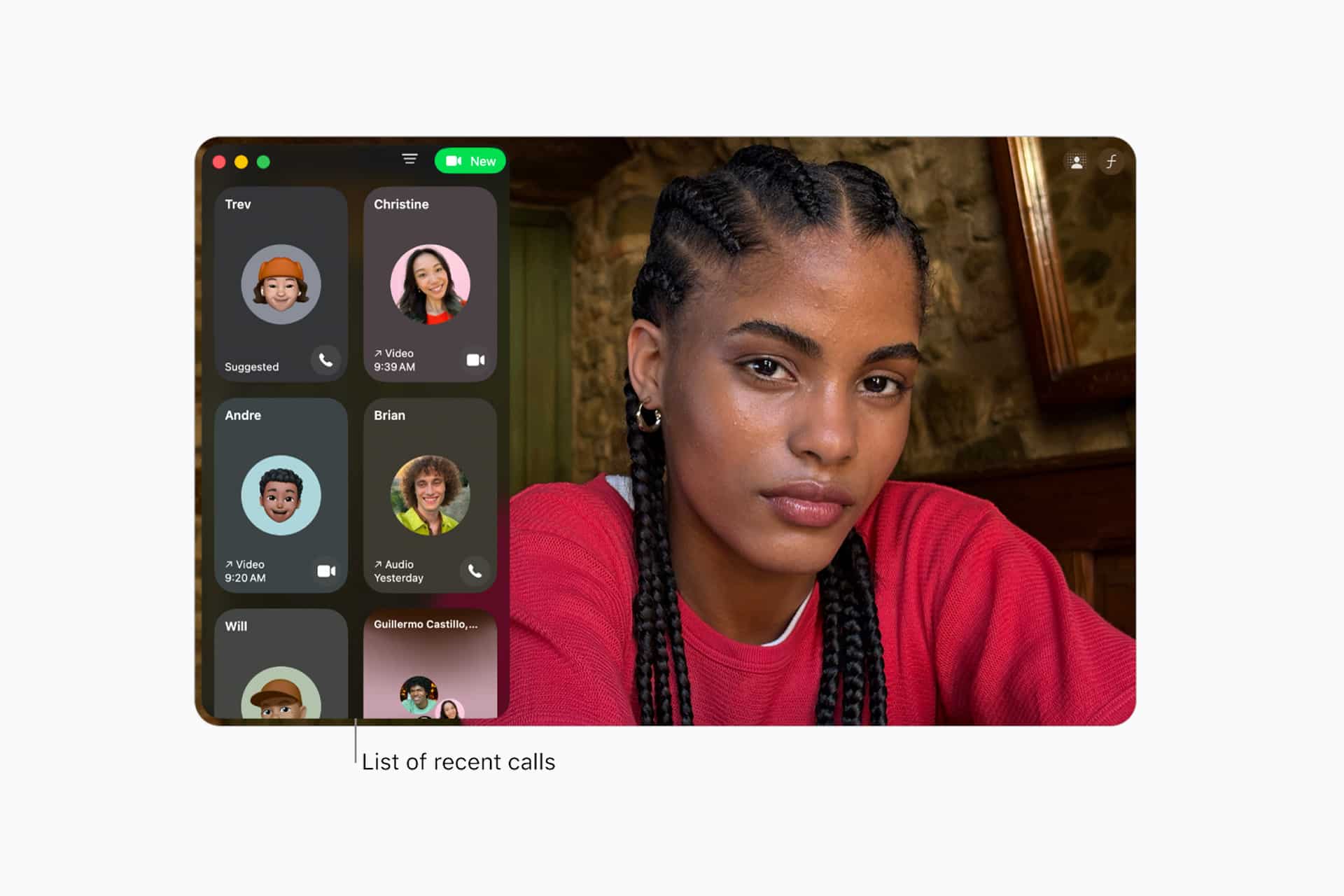 A FaceTime video messages interface on an Apple iPad shows a young woman with braided hair in a red shirt. On the left, a sidebar displays recent calls with profile icons, names, and call details.