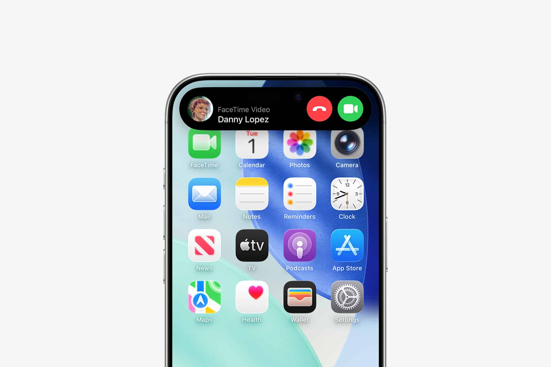 An iPhone screen showing app icons and an incoming FaceTime video call notification from "Danny Lopez" at the top, with Apple’s options to accept, decline, or leave FaceTime video messages for missed calls.