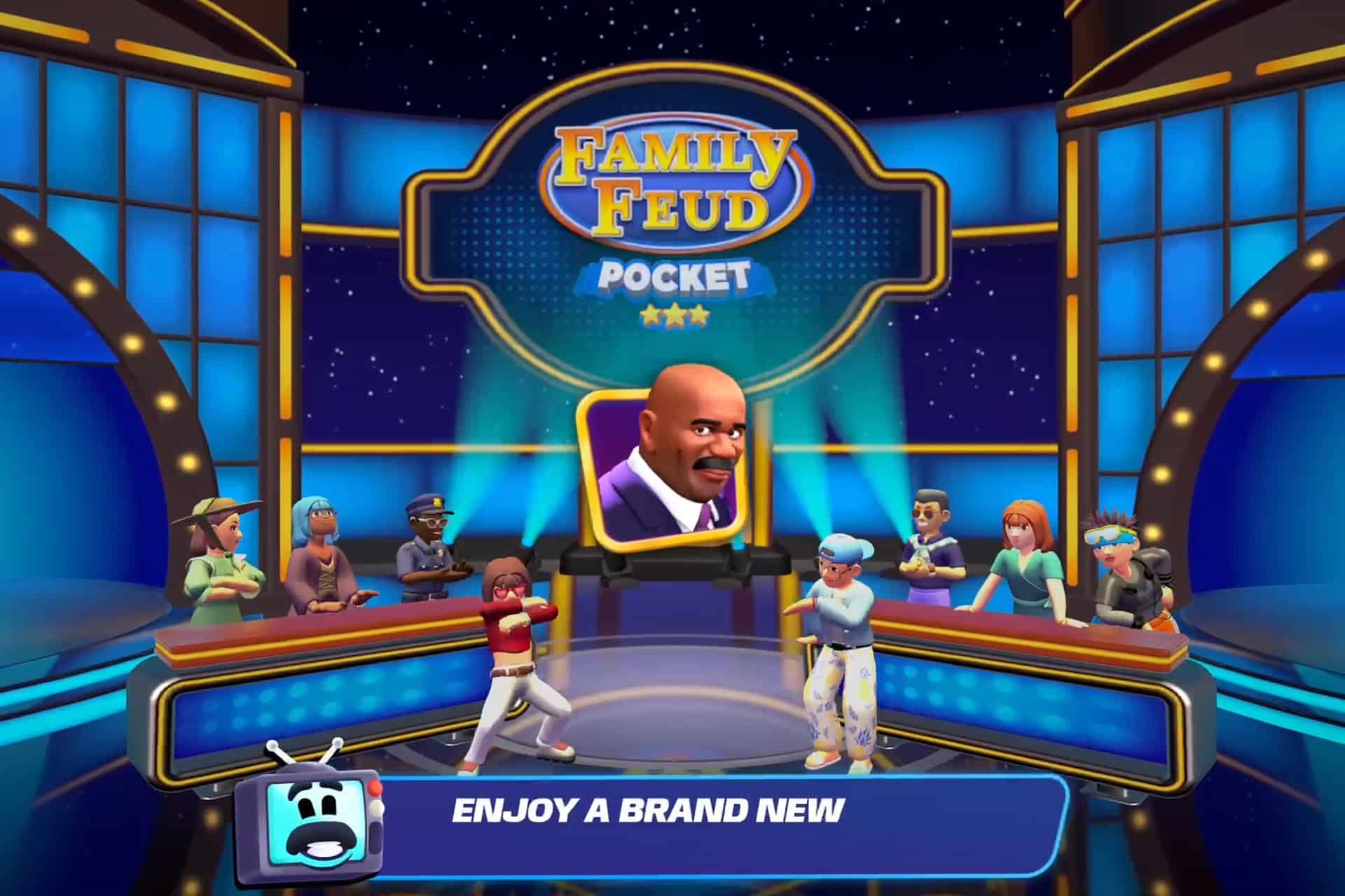 A colorful Family Feud Pocket game screen shows two animated teams facing off on a stage with a large game logo and host’s animated portrait in the center. Text at the bottom reads, "Enjoy a brand new Apple Arcade experience.