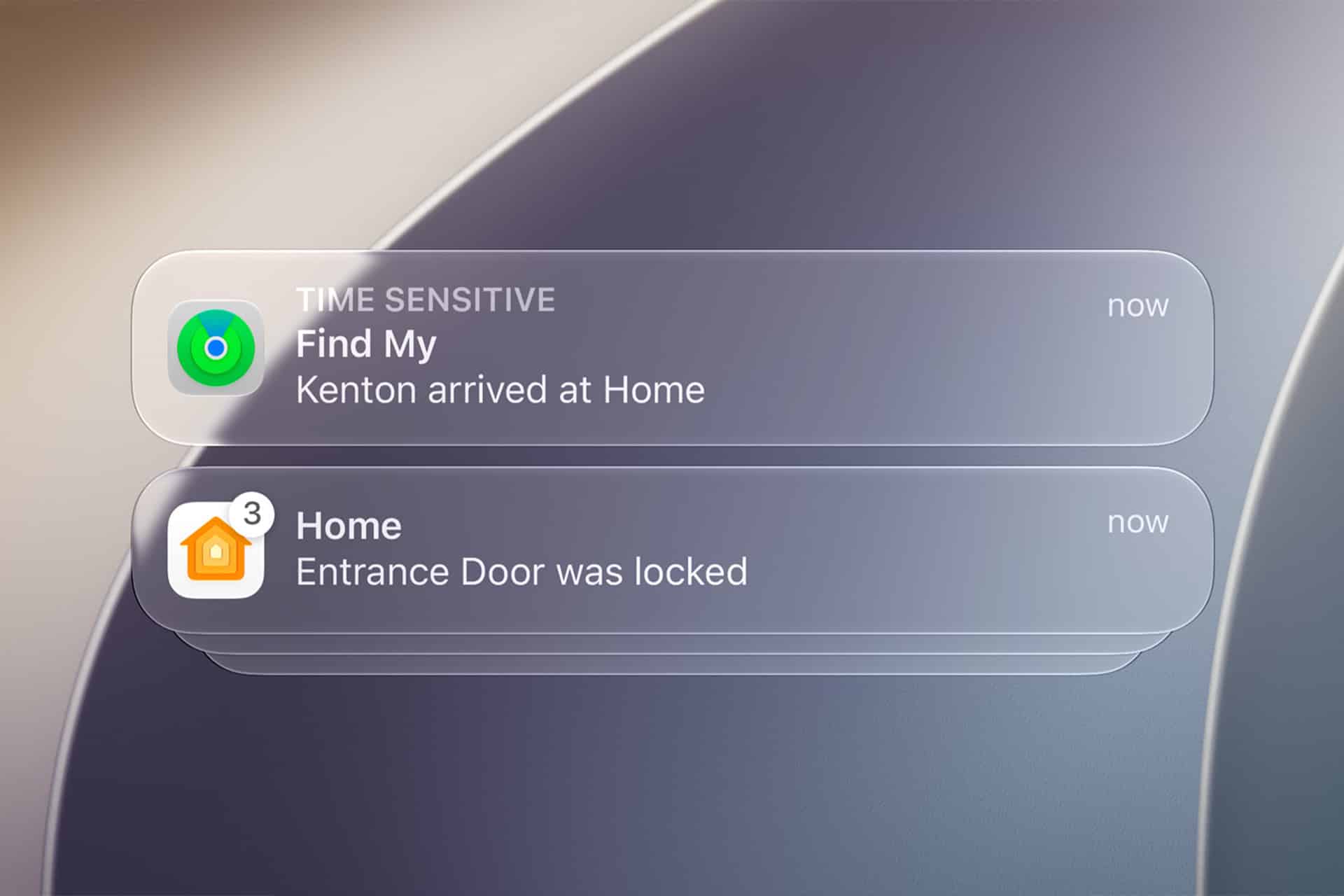 A phone screen running iOS 27 shows two notifications: one from Apple's Find My stating "Kenton arrived at Home," and another about the entrance door being locked. Hide Location settings are not enabled; both notifications are recent.