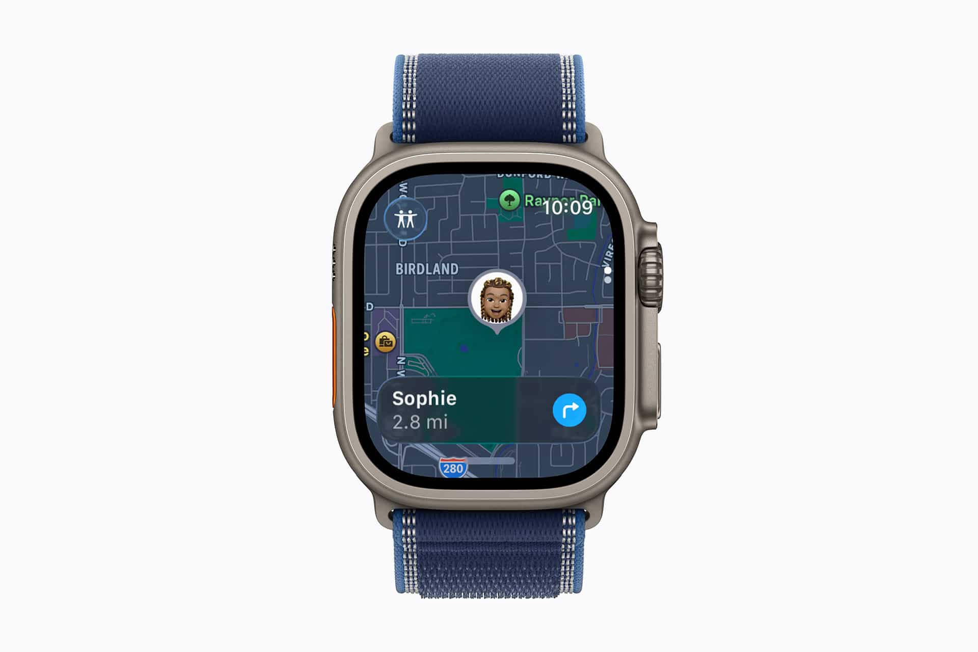 A smartwatch with a dark blue band displays a map and an "iPhone location" for a cartoon avatar named "Sophie," who's 2.8 miles away. The screen also shows nearby streets and a green location icon at the top.