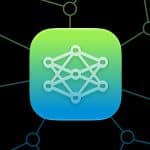 A rounded square icon with a gradient green to blue background displays a white neural network diagram, evoking Apple Intelligence. The background features a faint network pattern with interconnected nodes.
