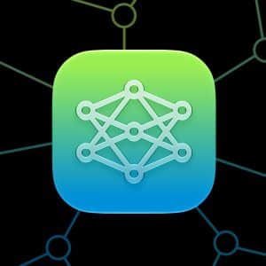 A rounded square icon with a gradient green to blue background displays a white neural network diagram, evoking Apple Intelligence. The background features a faint network pattern with interconnected nodes.