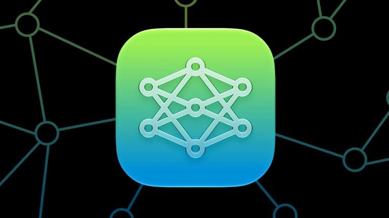 A rounded square icon with a gradient green to blue background displays a white neural network diagram, evoking Apple Intelligence. The background features a faint network pattern with interconnected nodes.