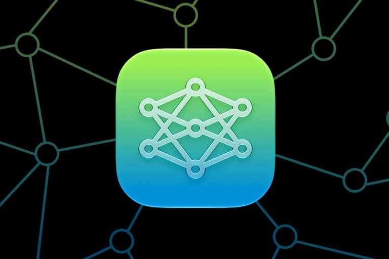 A rounded square icon with a gradient green to blue background displays a white neural network diagram, evoking Apple Intelligence. The background features a faint network pattern with interconnected nodes.