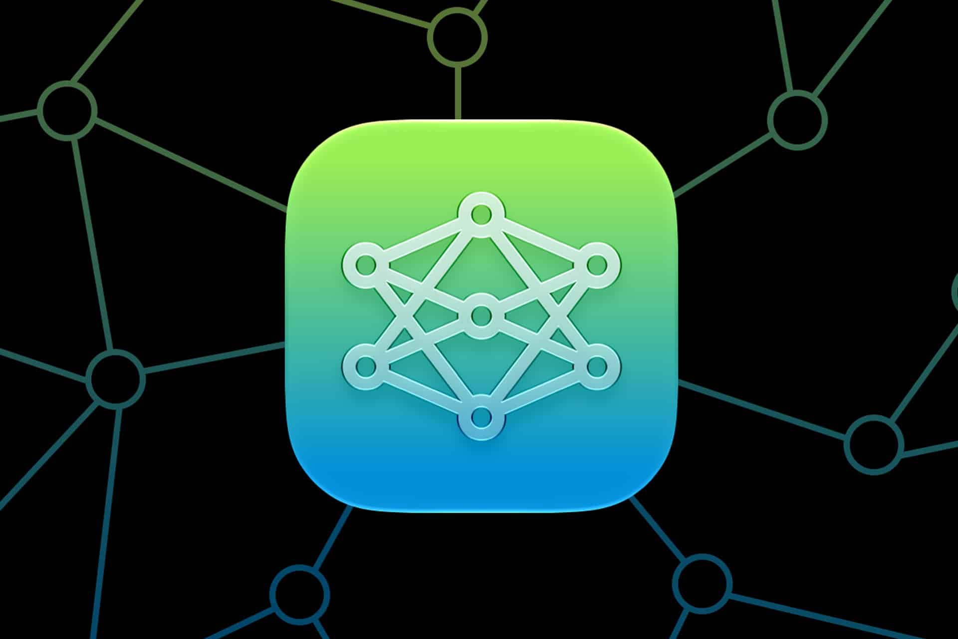 A rounded square icon with a gradient green to blue background displays a white neural network diagram, evoking Apple Intelligence. The background features a faint network pattern with interconnected nodes.