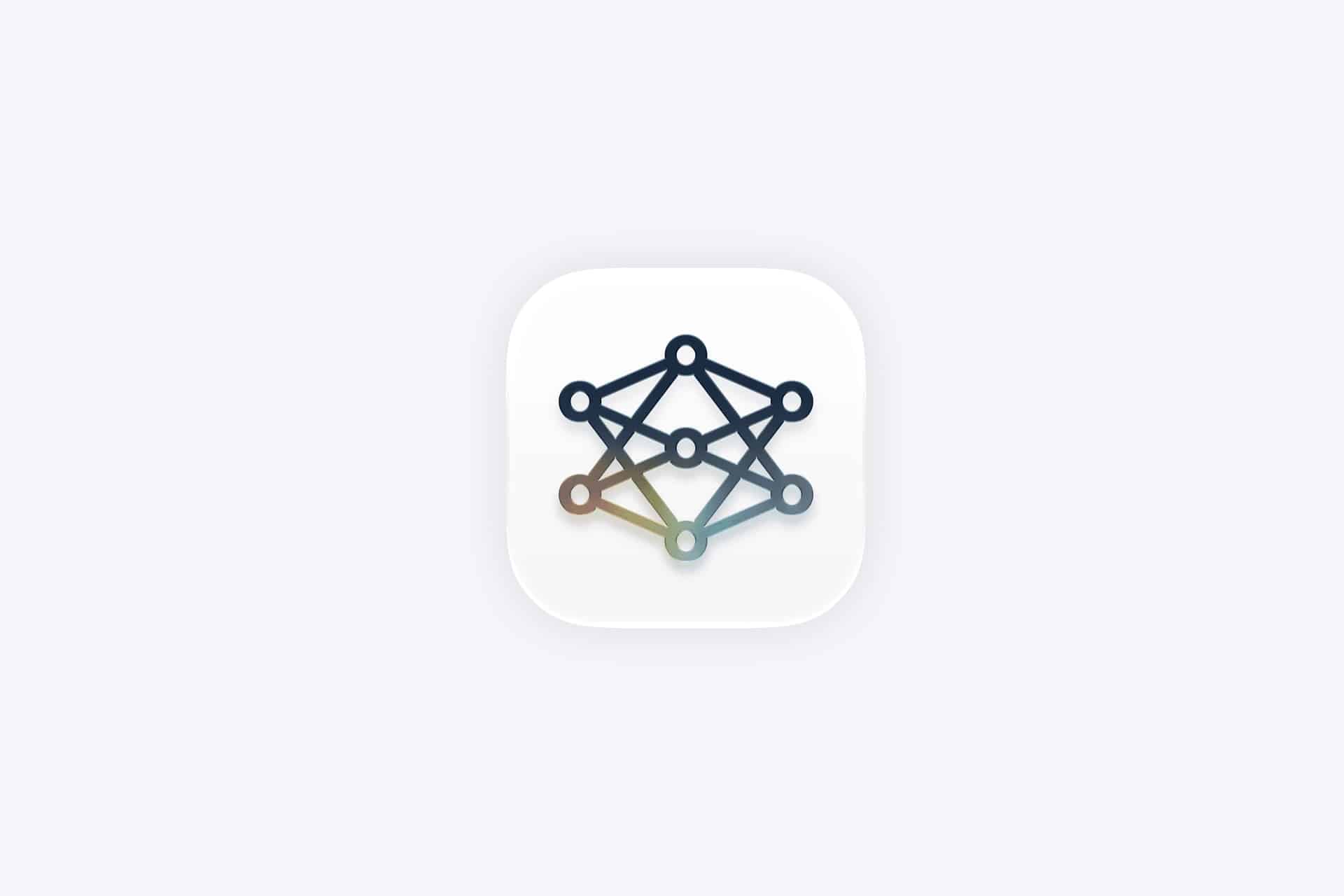 A rounded square icon with a stylized neural network diagram in the center, featuring interconnected nodes connected by lines, represents Hidden Apple Intelligence on a light gray background.