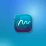 A blue app icon with a white squiggly line in the center, set against a gradient blue background—perfect for Apple Freeform and iPhone collaboration. The Apple logo and the word "Apple" appear in a small rounded square at the bottom right corner.