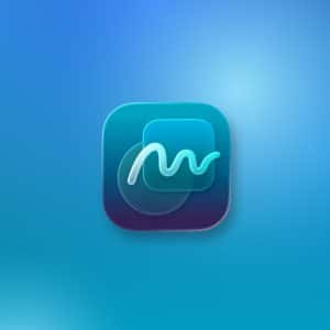 A blue app icon with a white squiggly line in the center, set against a gradient blue background—perfect for Apple Freeform and iPhone collaboration. The Apple logo and the word "Apple" appear in a small rounded square at the bottom right corner.