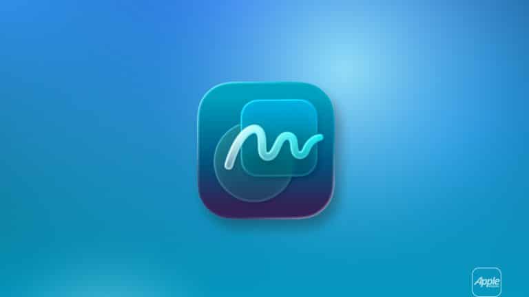 A blue app icon with a white squiggly line in the center, set against a gradient blue background—perfect for Apple Freeform and iPhone collaboration. The Apple logo and the word "Apple" appear in a small rounded square at the bottom right corner.