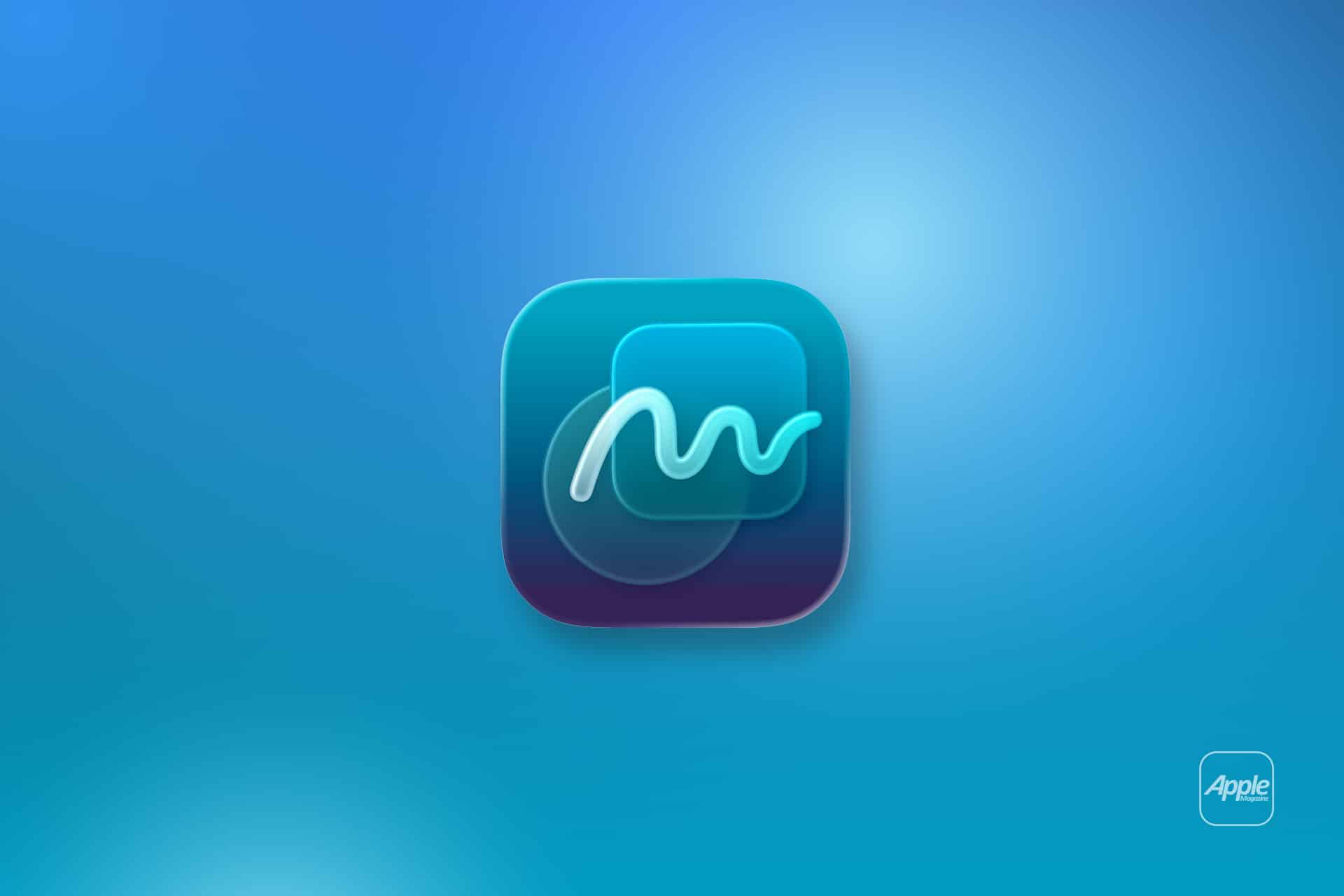 A blue app icon with a white squiggly line in the center, set against a gradient blue background—perfect for Apple Freeform and iPhone collaboration. The Apple logo and the word "Apple" appear in a small rounded square at the bottom right corner.