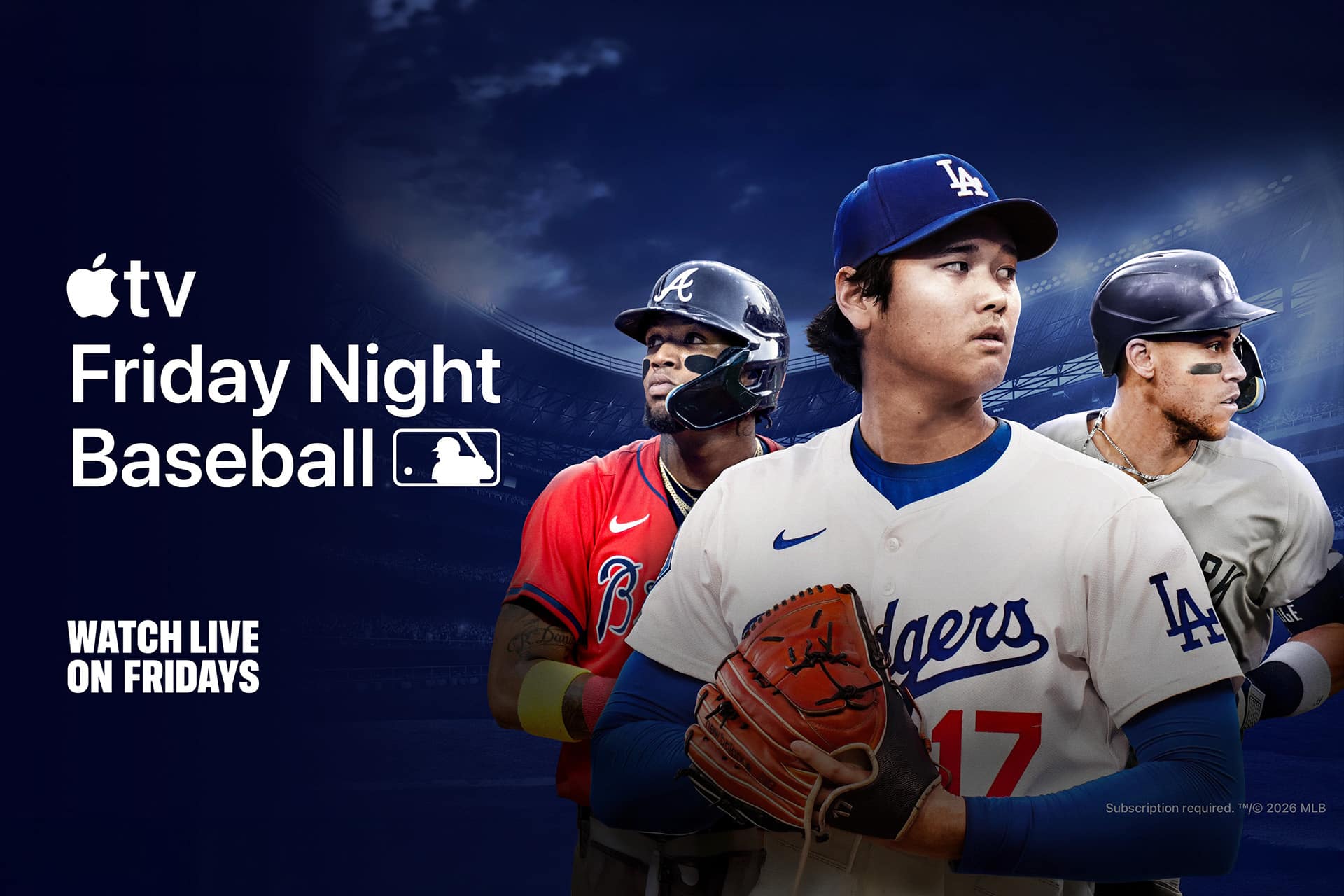 Three professional baseball players in uniform stand in a stadium at night. The text reads, "Apple TV: Friday Night Baseball. Watch the action live on Fridays." MLB and Apple TV logos are visible.
