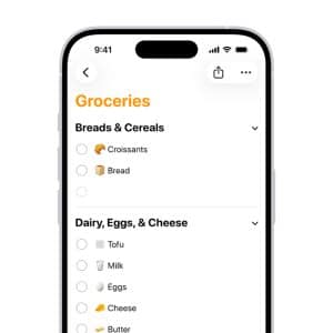 A smartphone screen displays a grocery lists app with items under "Breads & Cereals" and "Dairy, Eggs, & Cheese," including croissants, bread, tofu, milk, eggs, cheese, and butter. Some items have empty checkboxes for easy Family Sharing.