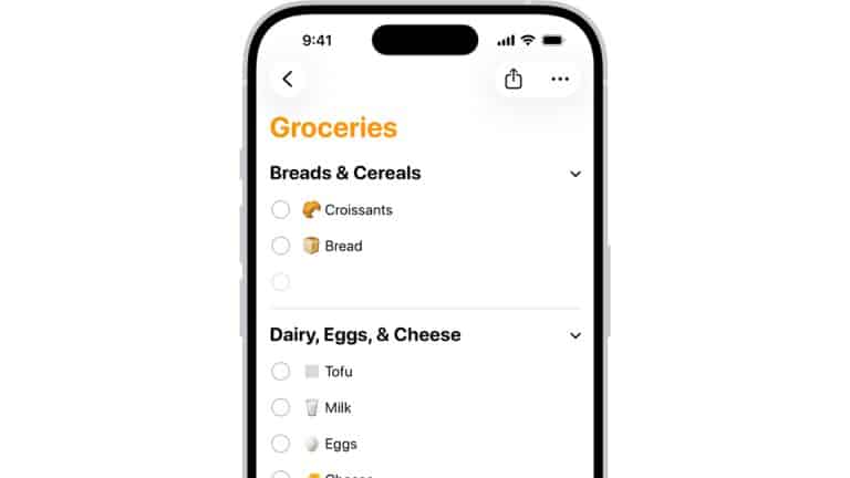 A smartphone screen displays a grocery lists app with items under "Breads & Cereals" and "Dairy, Eggs, & Cheese," including croissants, bread, tofu, milk, eggs, cheese, and butter. Some items have empty checkboxes for easy Family Sharing.
