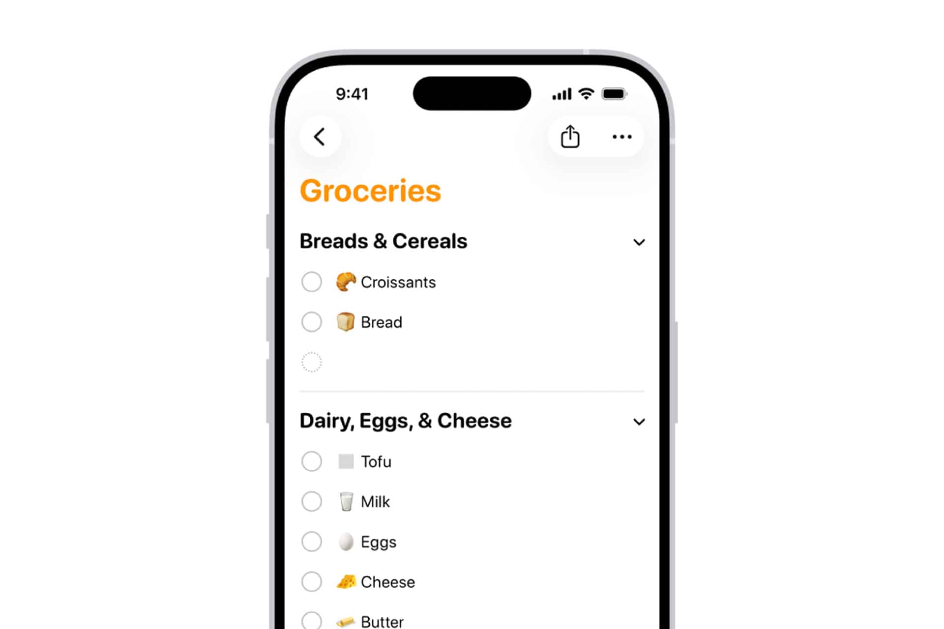 A smartphone screen displays a grocery lists app with items under "Breads & Cereals" and "Dairy, Eggs, & Cheese," including croissants, bread, tofu, milk, eggs, cheese, and butter. Some items have empty checkboxes for easy Family Sharing.