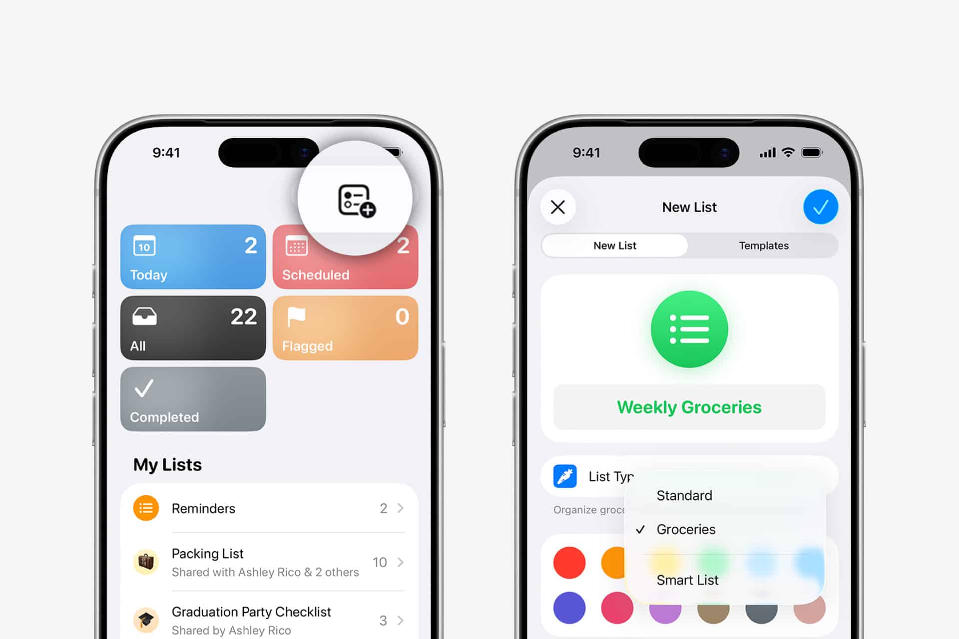 Two smartphones display a task management app. The left screen shows tasks and lists, while the right phone shows the creation of a shared shopping list called "Weekly Groceries," complete with options for list type, color, and Family Sharing.