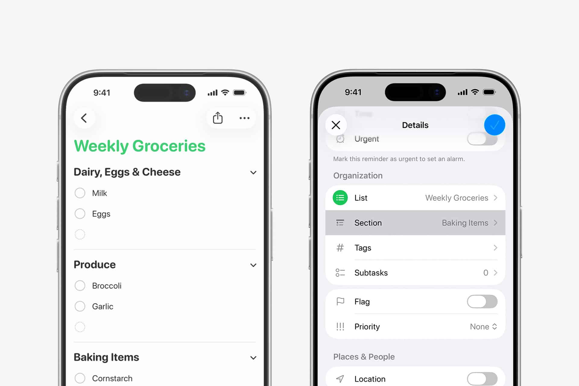 Reminders groceries -Two smartphones display a grocery list and a task details screen. The left screen shows a categorized grocery list using Apple Reminders; the right shows task details for organizing and editing a reminder in shared lists with Family Sharing.