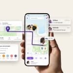 A hand holds an Apple smartphone displaying the Life360 family tracking app with a map, real-time locations, route, and notifications for arrivals and departures. Additional pop-ups show drive stats, recent drive events, and Precision Finding alerts.