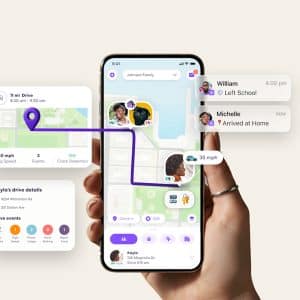 A hand holds an Apple smartphone displaying the Life360 family tracking app with a map, real-time locations, route, and notifications for arrivals and departures. Additional pop-ups show drive stats, recent drive events, and Precision Finding alerts.
