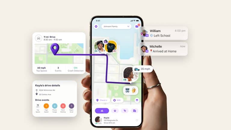 A hand holds an Apple smartphone displaying the Life360 family tracking app with a map, real-time locations, route, and notifications for arrivals and departures. Additional pop-ups show drive stats, recent drive events, and Precision Finding alerts.