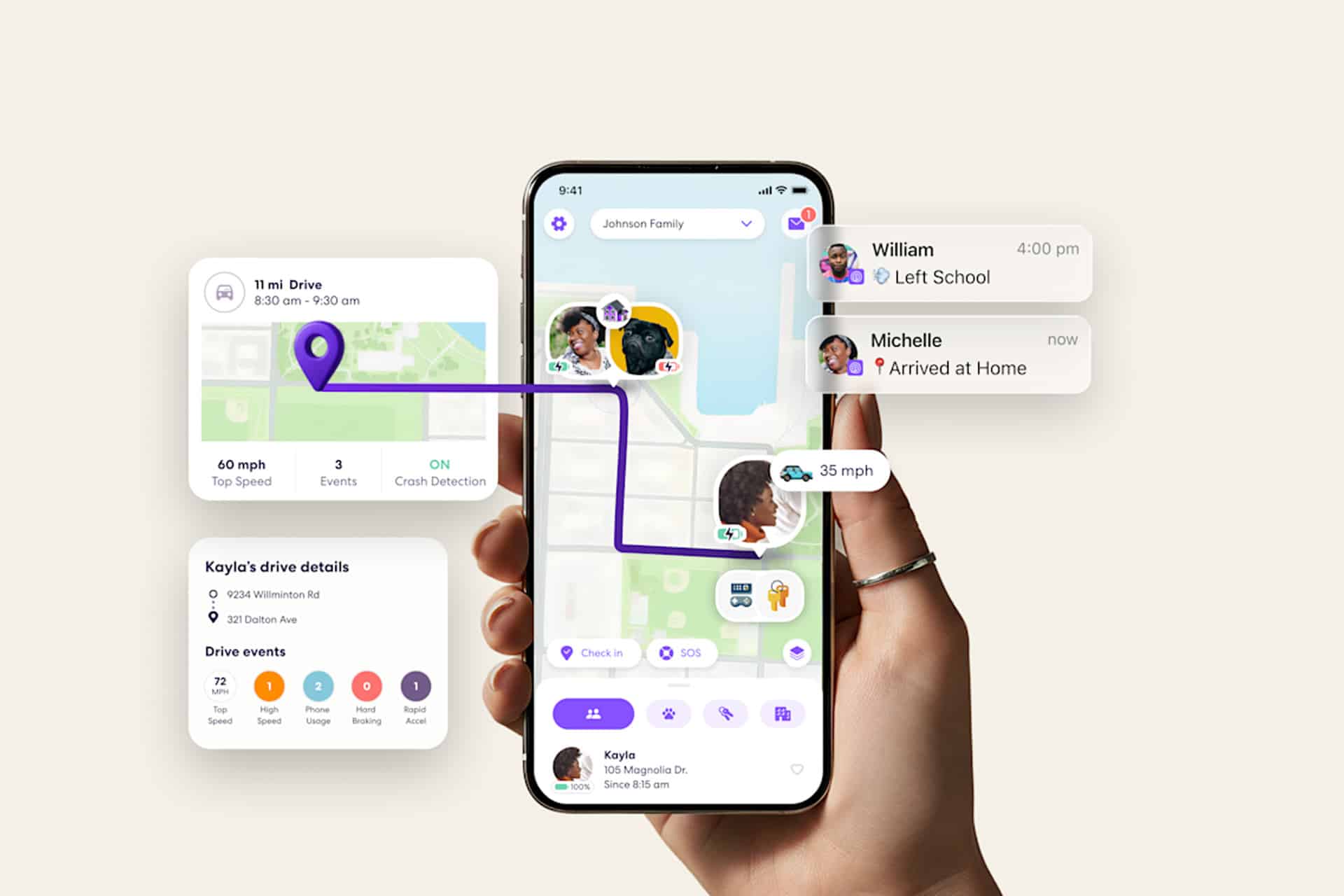 A hand holds an Apple smartphone displaying the Life360 family tracking app with a map, real-time locations, route, and notifications for arrivals and departures. Additional pop-ups show drive stats, recent drive events, and Precision Finding alerts.