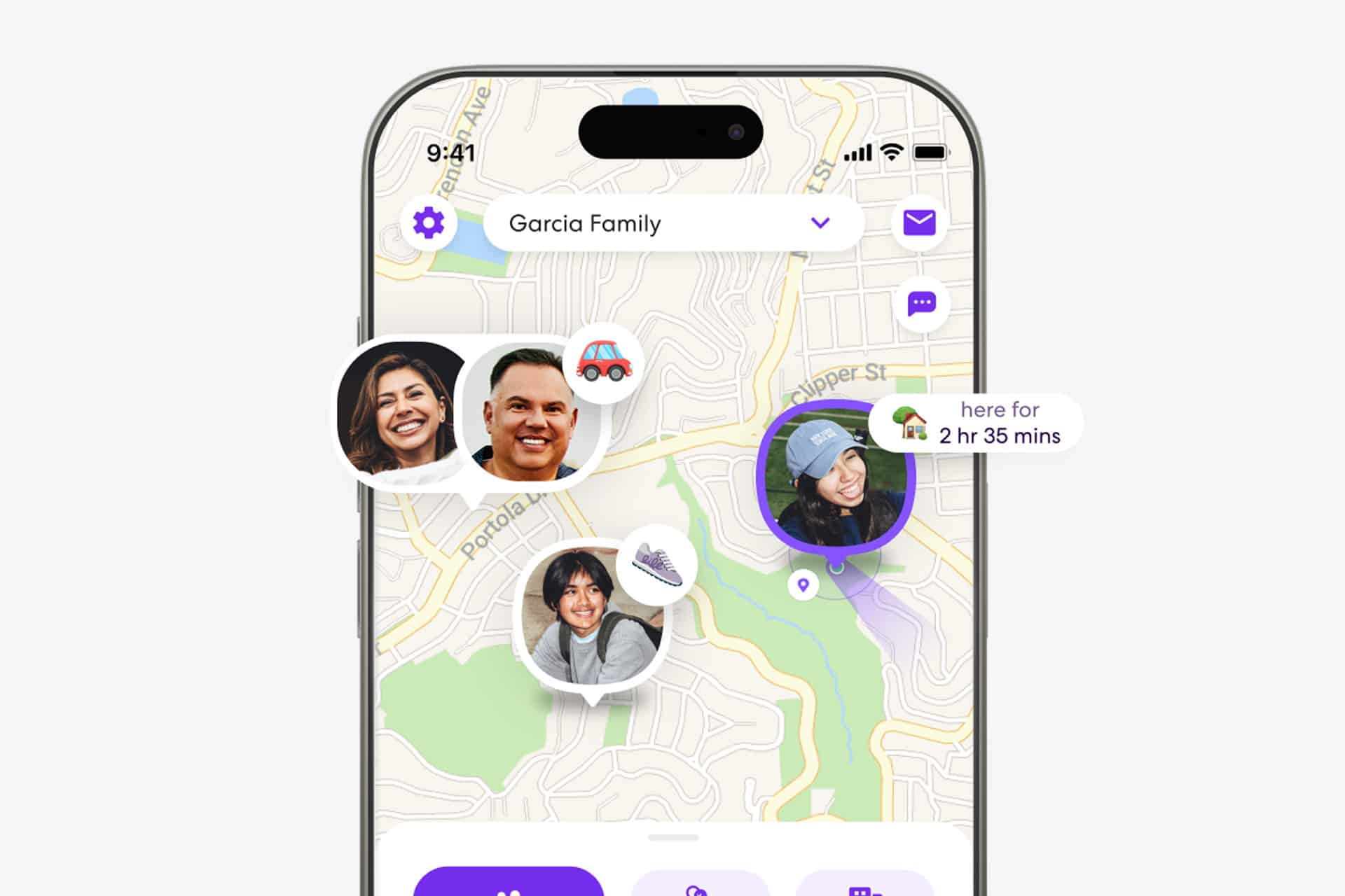 A smartphone screen displays Apple’s Family Sharing app, showing four members’ profile photos on a map with a Precision Finding notification: “here for 2 hr 35 mins” next to one member.