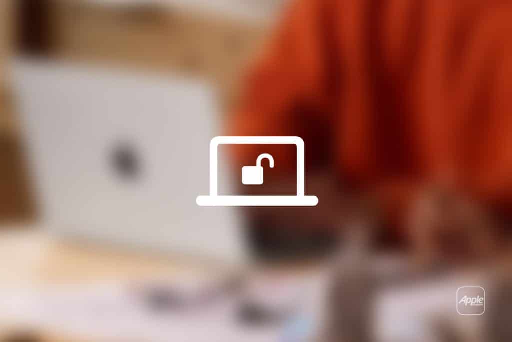 A white unlocked padlock icon on a laptop graphic is centered over a blurred background showing a person in orange near a laptop, highlighting Mac security responses, with an Apple logo in the bottom right corner.