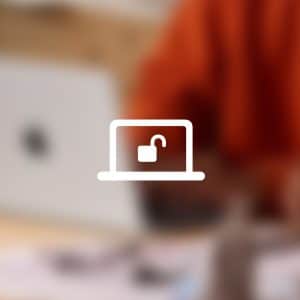 A white unlocked padlock icon on a laptop graphic is centered over a blurred background showing a person in orange near a laptop, highlighting Mac security responses, with an Apple logo in the bottom right corner.