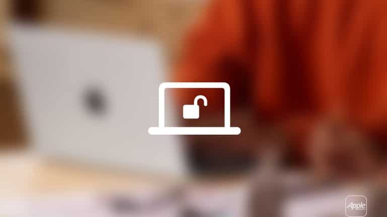 A white unlocked padlock icon on a laptop graphic is centered over a blurred background showing a person in orange near a laptop, highlighting Mac security responses, with an Apple logo in the bottom right corner.