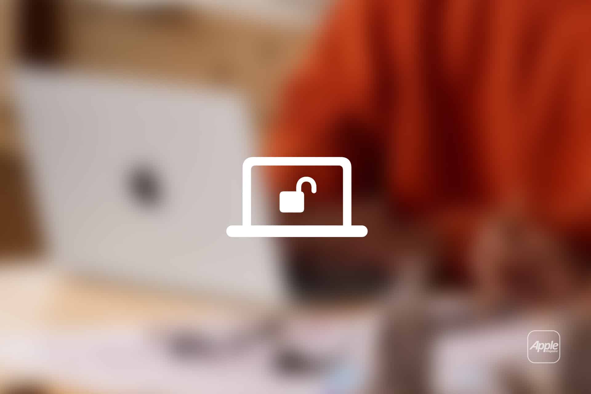 A white unlocked padlock icon on a laptop graphic is centered over a blurred background showing a person in orange near a laptop, highlighting Mac security responses, with an Apple logo in the bottom right corner.
